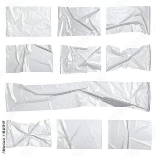 Nine sections of creased, white adhesive tape are displayed on white