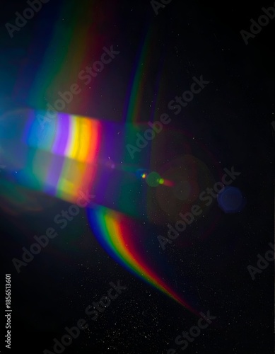 Colorful light refraction on black background, creating rainbow-like streaks