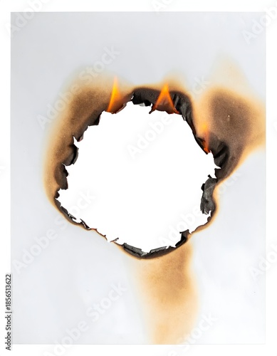 A sheet of paper burning with flames and a charred border around a hole