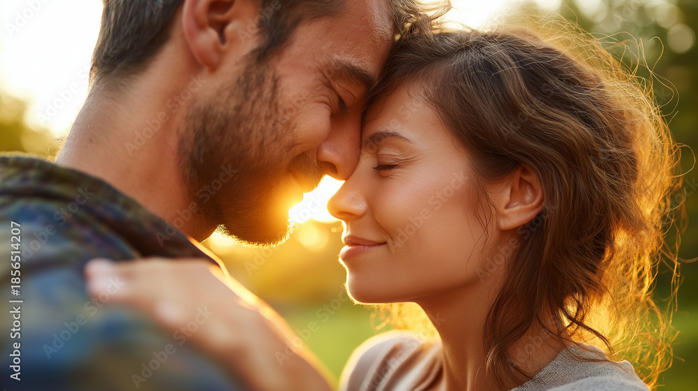 Fototapeta premium Couple embracing at sunset in nature, romantic holiday vacation, summer evening, forehead kiss, park setting, peaceful romance, with copy space