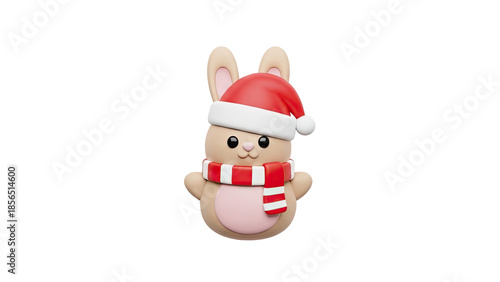 Cute cartoon bunny wearing Santa hat and scarf on transparent background