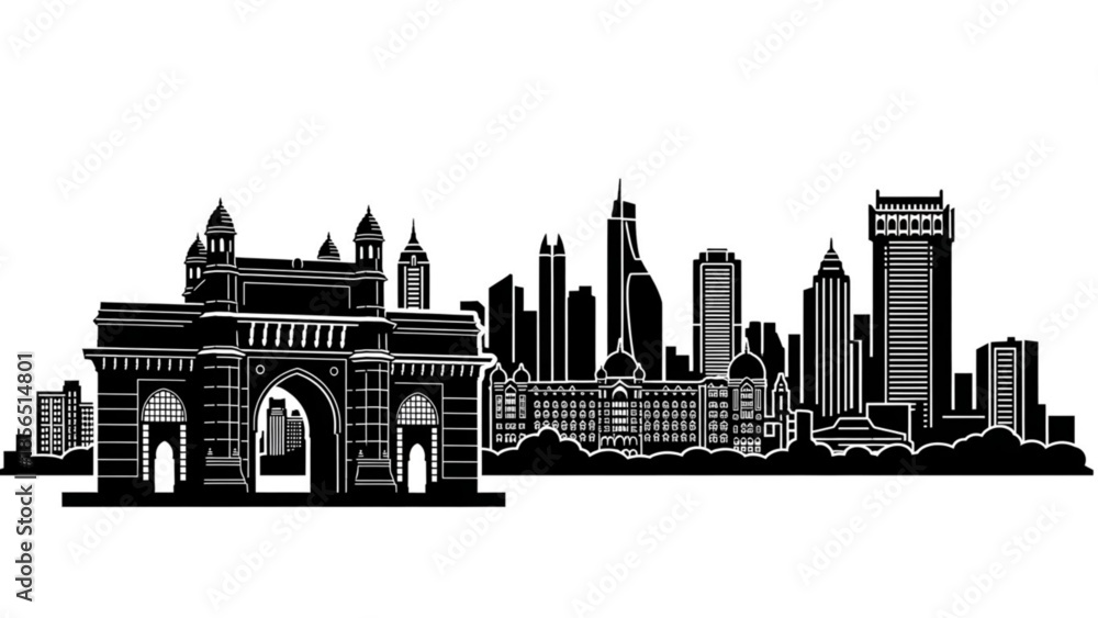 Obraz premium Black and white illustration of a city skyline with famous gateway of india monument