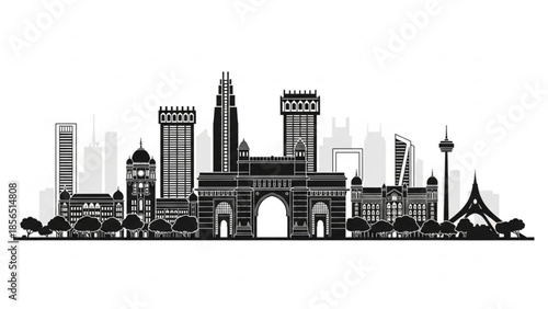 Black silhouette of a city skyline with famous landmarks and buildings