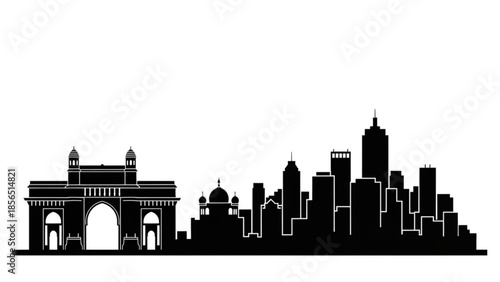 Black silhouette of a city skyline with famous gateway of india monument