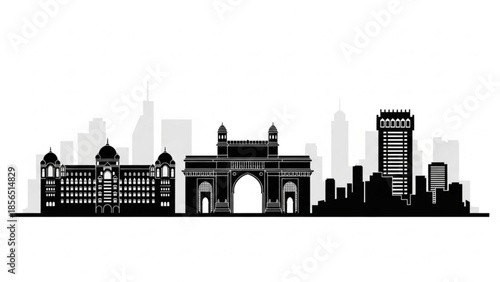 Black silhouette of gateway of india and mumbai city skyline with modern buildings