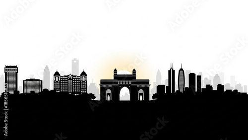 City skyline silhouette with famous arch and buildings at sunset