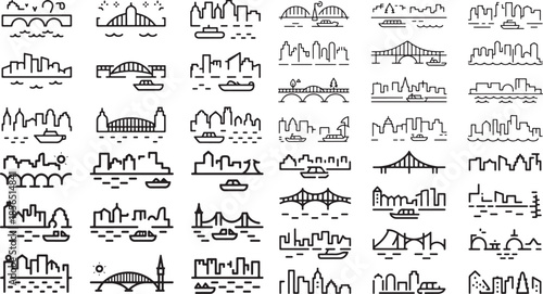 Set of city skylines and bridges in simple line style  urban landscapes