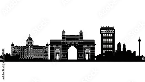 Silhouette of gateway of india and mumbai city skyline with famous landmarks