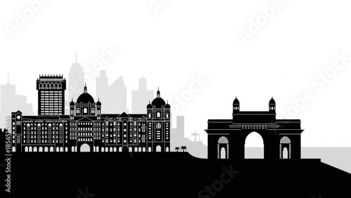 Black silhouette of a large building and archway with city skyline