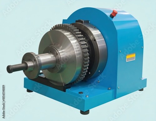 Blue industrial gear reducer with large metal gear and shaft on isolated background