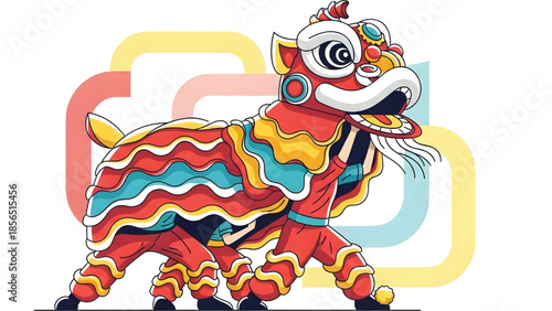 Dynamic lion dance vector illustration, strong motion pose, smooth geometric shapes