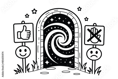 Dimensional gateway doodle, whimsical vector illustration of portal with smiling signs, showing do’s and don’ts for parallel universe travel, playful fantasy design,