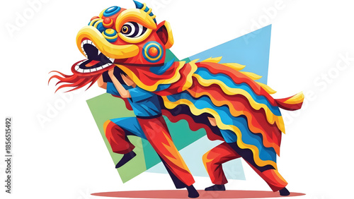 Dynamic lion dance vector illustration, strong motion pose, smooth geometric shapes