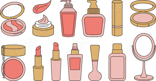 Beauty and makeup set with various cosmetic products including compact powder lipstick cream and perfume