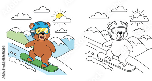 Cute cartoon bear snowboarding in winter mountains vector illustration with black and white outline for coloring book page