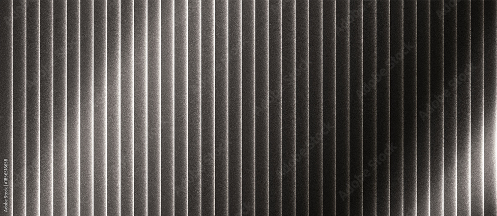 Fototapeta premium Abstract grainy ribbed glass background in grey tones with glossy curved texture, vertical light lines and smooth gradient for use in luxury design or digital surface visuals