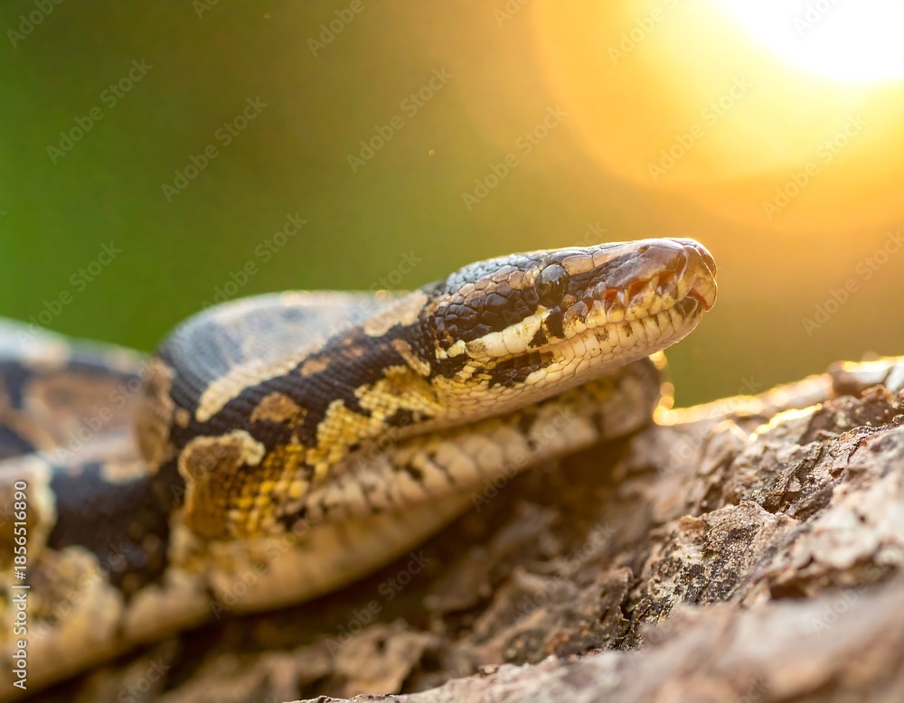 Fototapeta premium Close-up of a reptile with a patterned skin, basking in sunlight