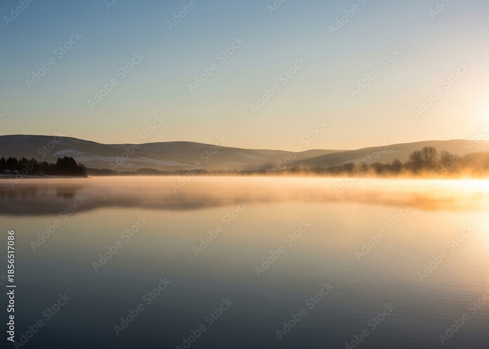 Naklejka premium 안개 낀 산에서 맞이하는 일출 풍경, A misty mountain landscape at sunrise