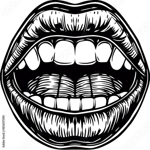 Cartoon vector illustration of a smiling woman's open mouth showing white teeth and a pink tongue for dental health care and face design