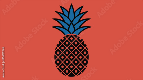 A stylized black pineapple with blue leaves on a vibrant red background
