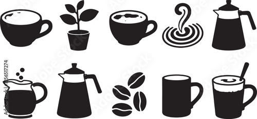 Black silhouette coffee cups plant pitcher coffee beans and steam on white background latte espresso