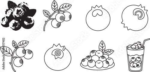 Collection of blueberry illustrations and icons in black and white blueberries fruit