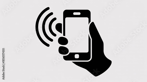Hand holding smartphone with signal waves emitting