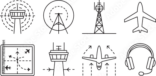 Collection of eight black and white line art icons related to air traffic control and aviation control tower