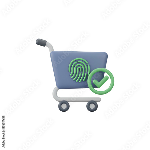 Shopping Cart with Fingerprint and Checkmark Icon.