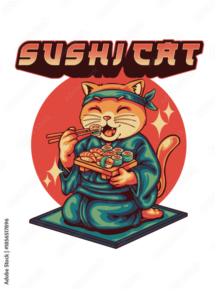 Obraz premium Funny Cat Eating Sushi in Japanese Kimono Retro Vector Illustration with Text
