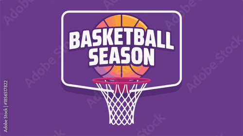 A digital illustration of a basketball hoop with a purple background and a basketball going through the net during basketball season