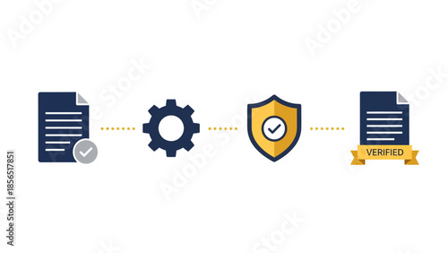Digital Data Processing and Verification Workflow Diagram with Automation Gear and Shield