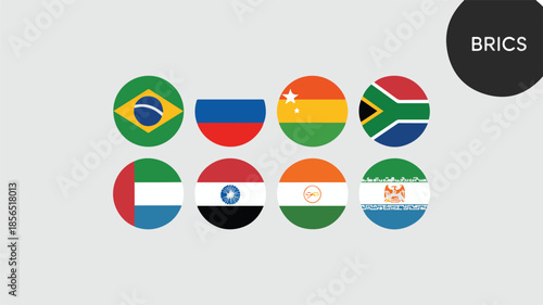 A flat design illustration showcasing the BRICS nations' flags in a circular arrangement on a neutral background from a direct viewpoint