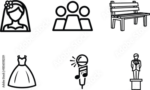 line icons of wedding bride dress people bench and microphone