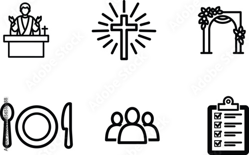 line icons of religious and everyday life symbols  christianity and daily activities