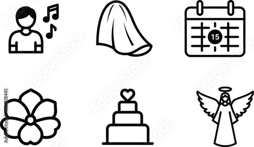 Wedding icons and symbols in black line art on white background