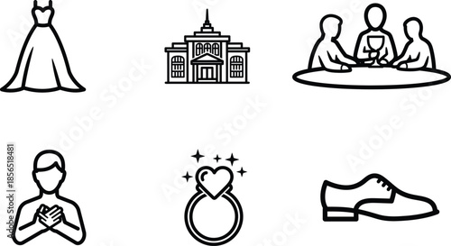 wedding icons including dress ring and people  marriage symbols