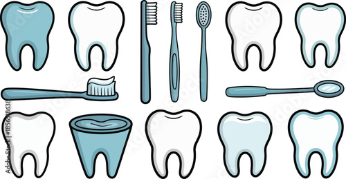Dental care and hygiene set with various illustrations of teeth toothbrushes toothpaste and mouthwash