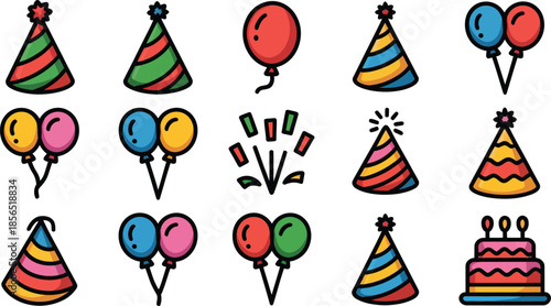 Festive party and birthday celebration elements set featuring colorful balloons party hats confetti and sweet cake vector illustration