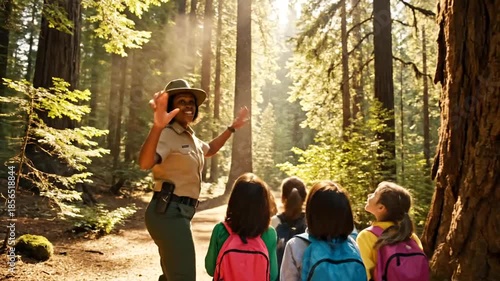 Park ranger leading a group of children on a nature walk in a forest.