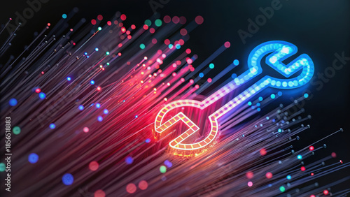 Zero trust security architecture. Neon lit wrench icon over fiber optic cables, symbolizing digital maintenance