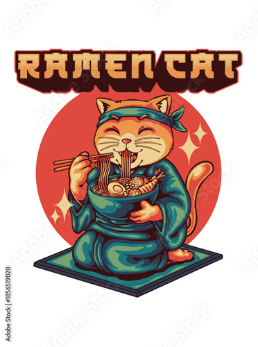 Funny Cat Eating Ramen in Japanese Kimono Retro Vector Illustration with Text