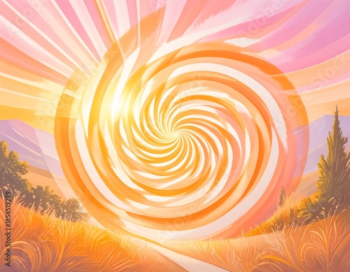 A vibrant, sunny landscape with a swirling vortex sun, creating a surreal and colorful horizon. Lush fields and mountains