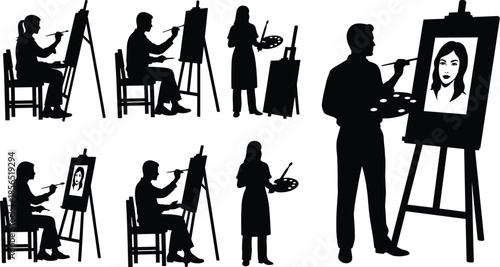 Artist silhouette painting portrait on easel, creative painter at work, fine art studio concept, drawing illustration, art education, professional artist workflow, black silhouette design