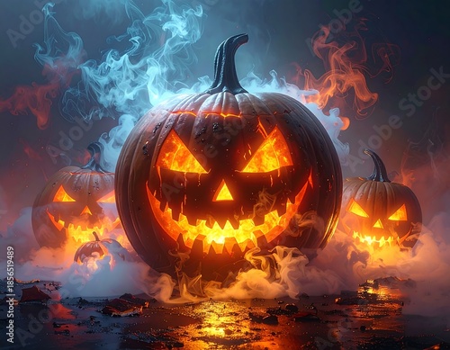 Three jack-o'-lanterns glow in smoke, spooky background