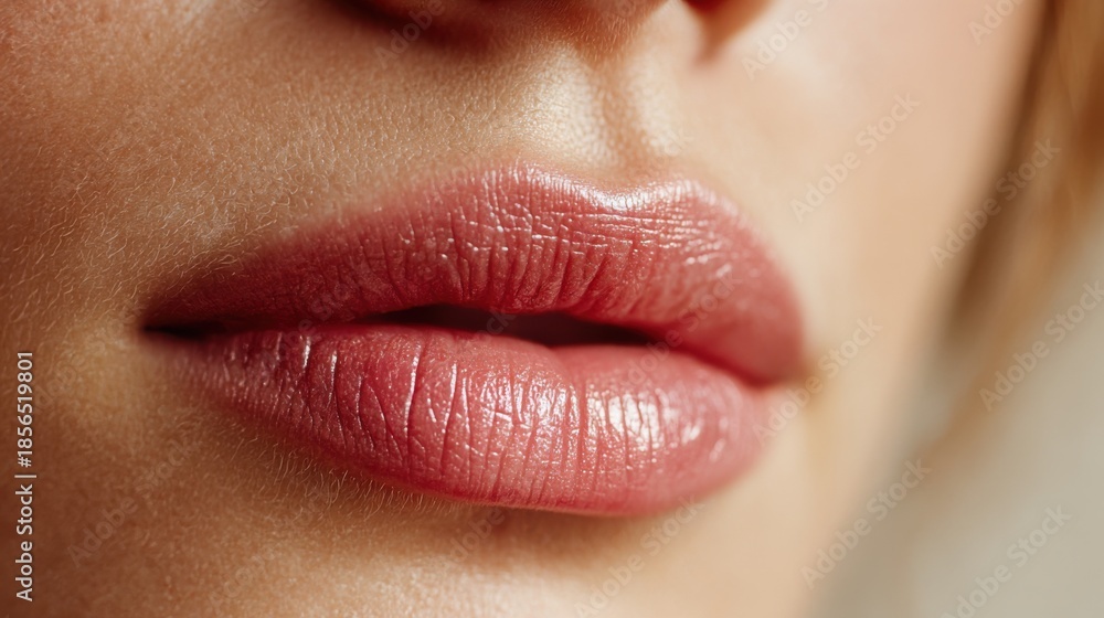 Fototapeta premium Close-up of soft, glossy lips with natural shade in warm light during a beauty routine