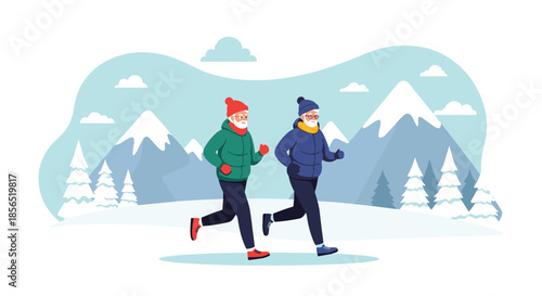 Senior man and woman in warm winter clothing jogging together through a snowy mountain landscape with pine trees.