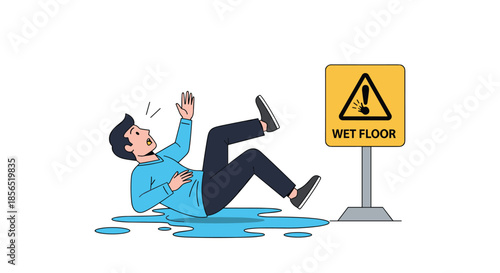 Cartoon illustration of a man slipping and falling on a wet floor next to a yellow caution sign with a water puddle.