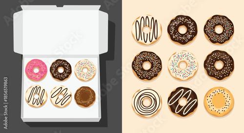 Comparison showing a box of six assorted glazed donuts next to a grid of nine individual donuts with various toppings.