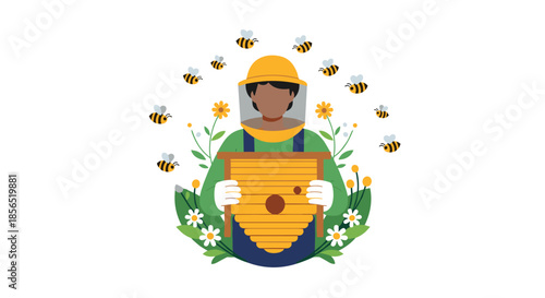 Professional beekeeper in protective gear holding a honeycomb frame surrounded by many flying bees and blooming flowers.